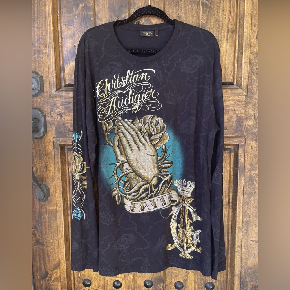 CHRISTIAN AUDIGIER-LA Praying Hands FAITH Soft Black Long Sleeve Shirt XXL NEW!!